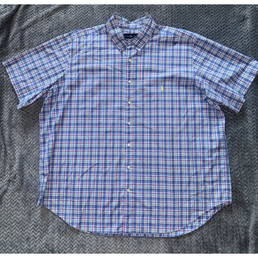 Ralph Lauren Mens Blue Plaid‎ Button Down Shirt Short Sleeve Size 2XB